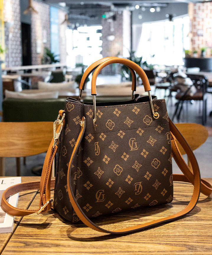 Modern Brown Unique Print Faux Leather Tote Handbag - Image 3