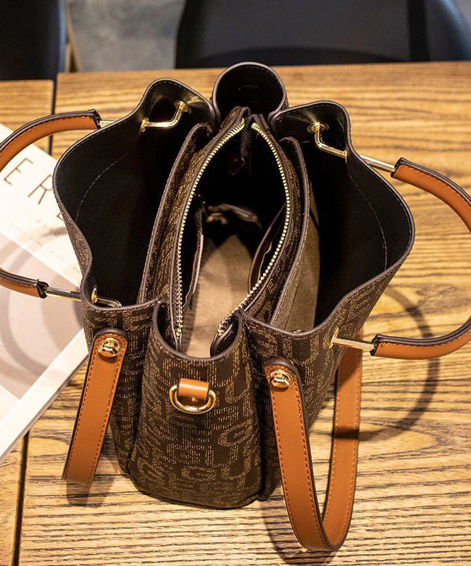 Modern Brown Unique Print Faux Leather Tote Handbag - Image 5