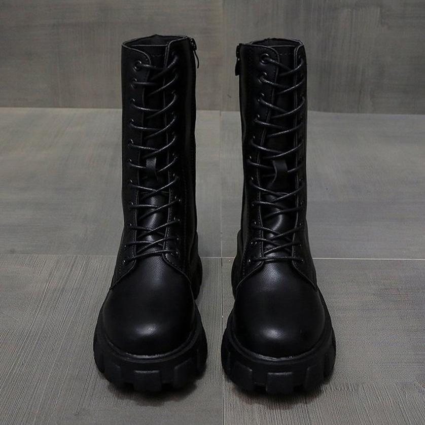 Lace Up Zip Side Lug Sole Chunky Heel Mid Calf Boots - Black - Image 2