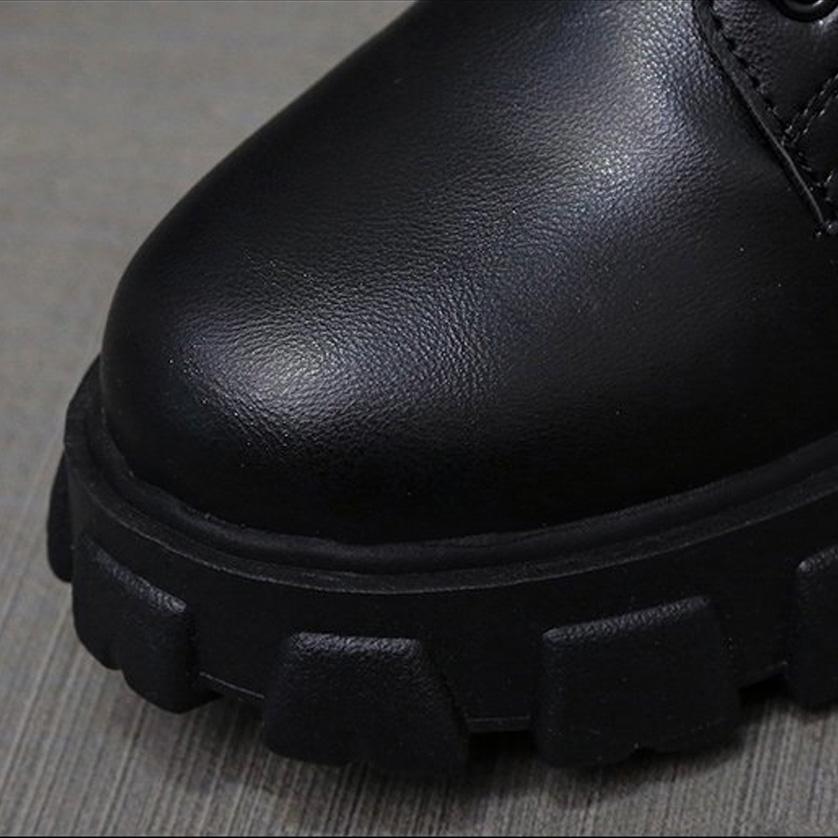 Lace Up Zip Side Lug Sole Chunky Heel Mid Calf Boots - Black - Image 3