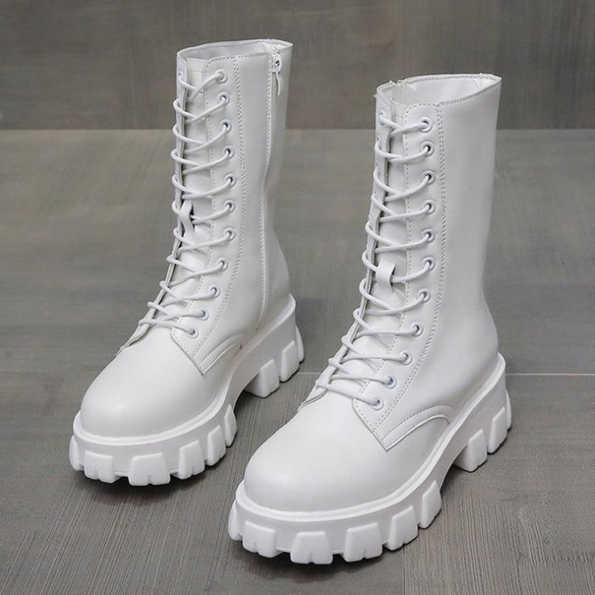 Lace Up Zip Side Lug Sole Chunky Heel Mid Calf Boots - White - Image 2