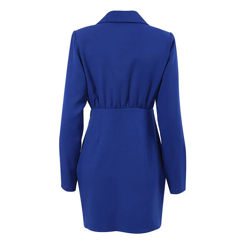Ruched Shoulder Pad Lapel Collar V Neck Blazer Mini Dress - Royal Blue - Image 5