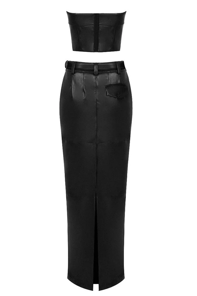 Modern Vegan Leather Crop Tube Top Maxi Skirt Two Piece Dress - Black - Image 4