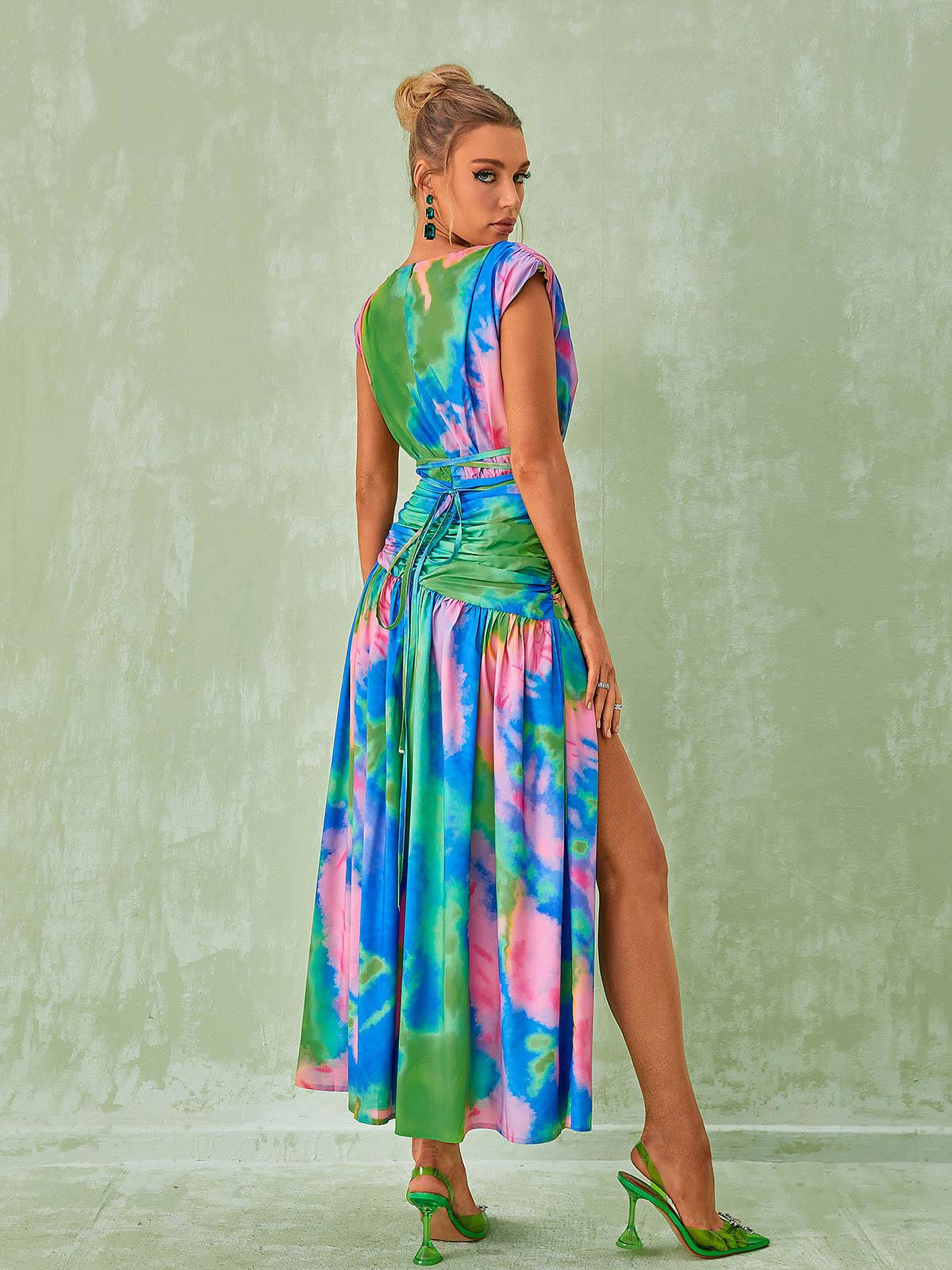 Monique Plunge Neck Split Printed Dress - Image 5