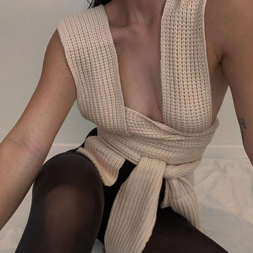 Tie Strap Cropped Knit Tank Top - Apricot - Image 2