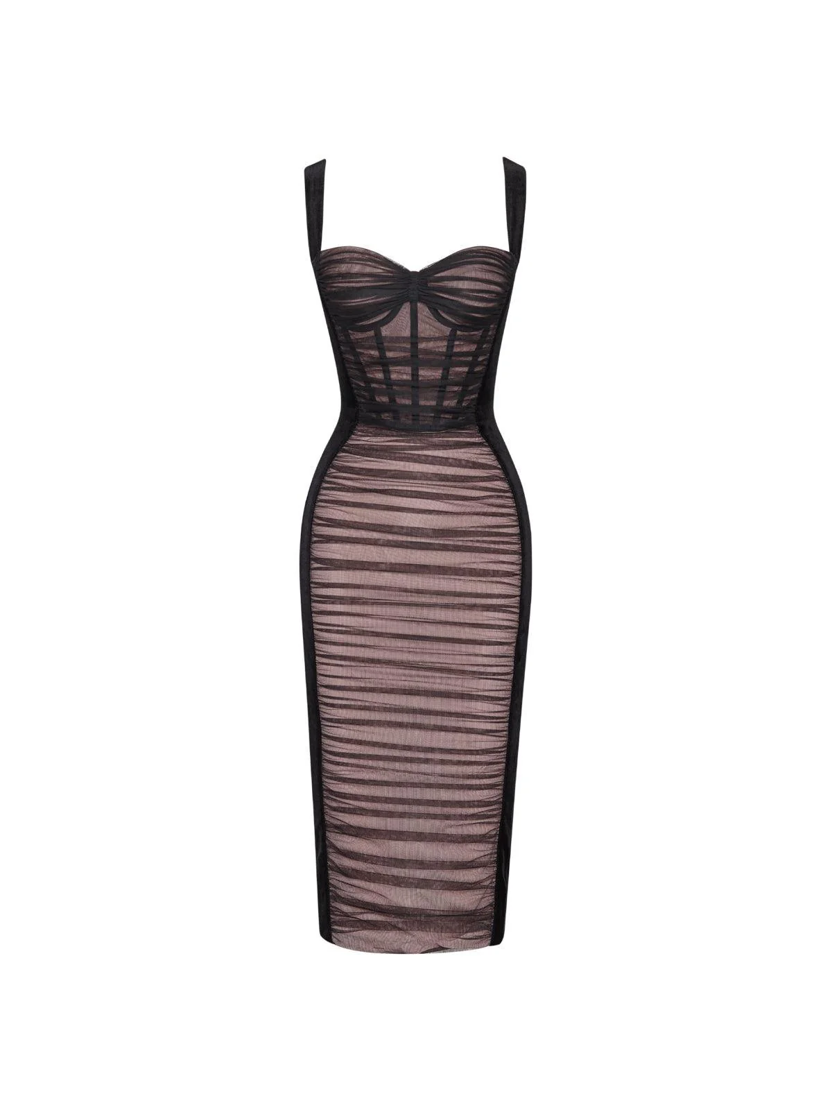 Muriel Mesh Ruched Velvet Midi Dress In Black - Image 6