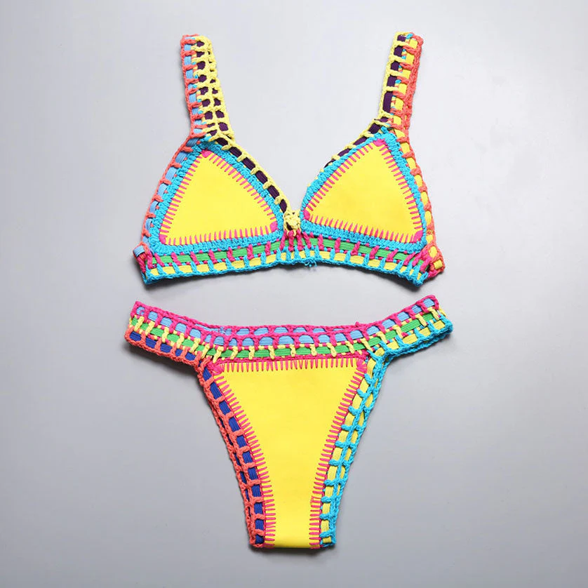 Reversible Neoprene Crochet Banded Triangle Bikini Set - Yellow - Image 2