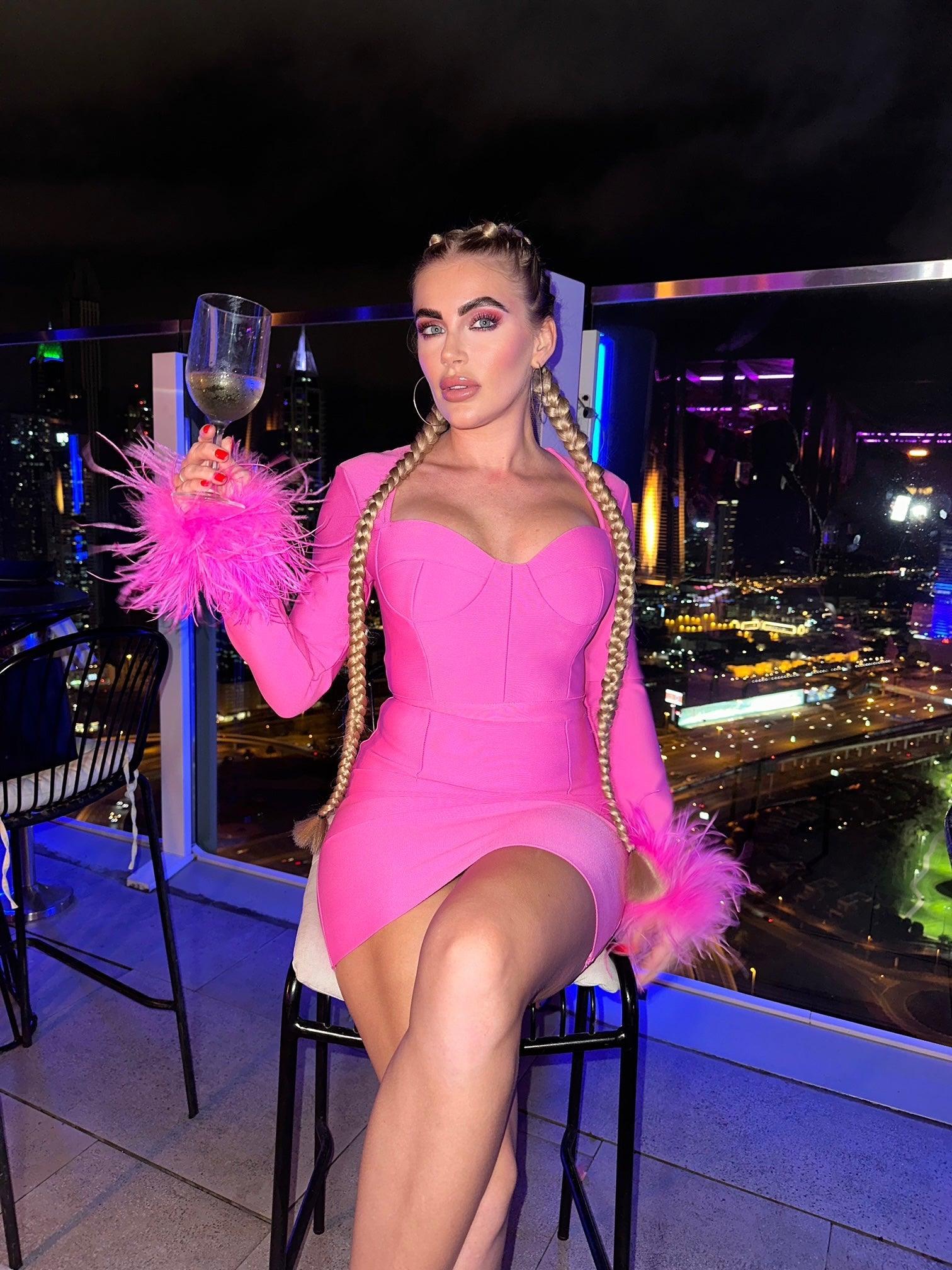 Nixie Long Sleeve Feather Bandage Dress In Hot Pink - Image 2