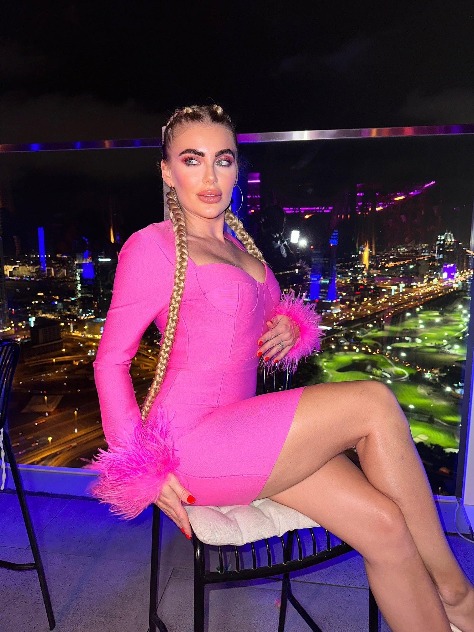 Nixie Long Sleeve Feather Bandage Dress In Hot Pink - Image 5
