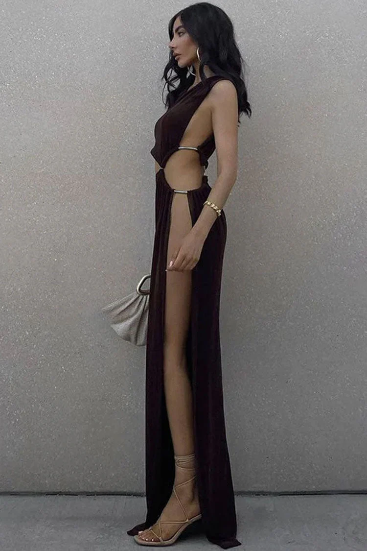 One Shoulder Cutout High Slit Sheer Maxi Dress - Brown - Image 4