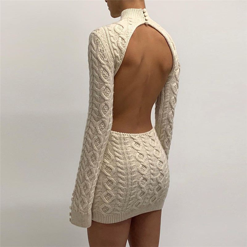 One Step Knitted Long Sleeve Backless Mini Dress - Image 9