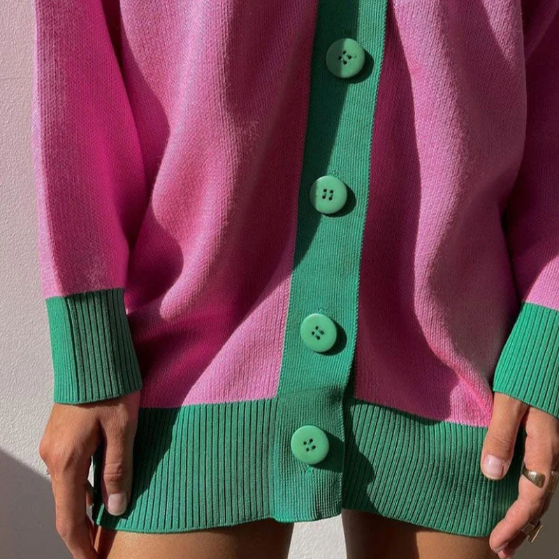 Color Button Up Long Sleeve Cardigan - Pink - Image 3