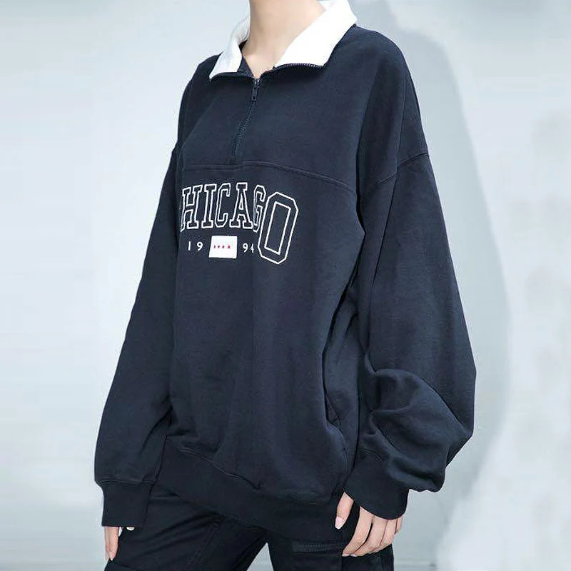 Embroidered Trim Drop Shoulder Half Zip Collared Sweatshirt - Navy Blue - Image 2