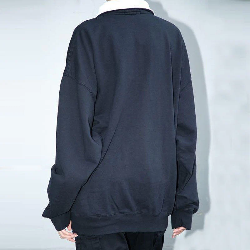Embroidered Trim Drop Shoulder Half Zip Collared Sweatshirt - Navy Blue - Image 3