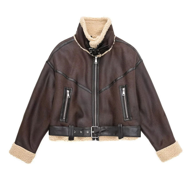 Fleeced Buckle Trim Cropped Coat - Brown - Image 4