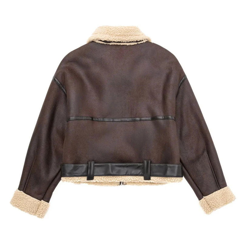 Fleeced Buckle Trim Cropped Coat - Brown - Image 5