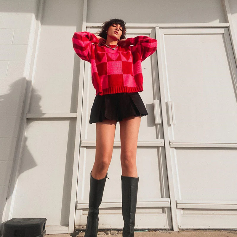 Heart Checkered Pattern Long Sleeve Sweater - Red - Image 3