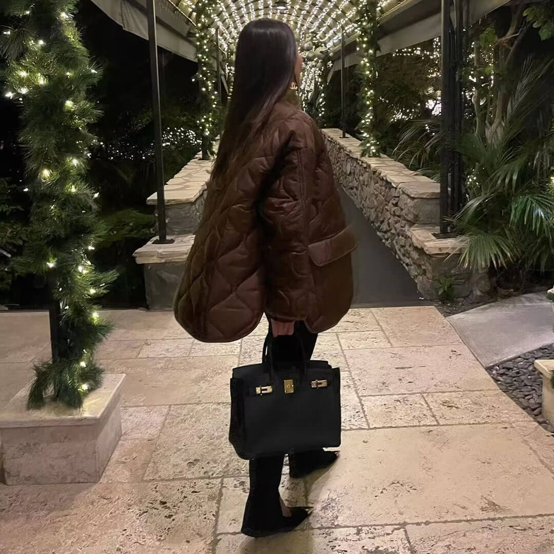 Long Sleeve Button Down Flap Pocket Quilted Jacket - Chocolate - Image 3