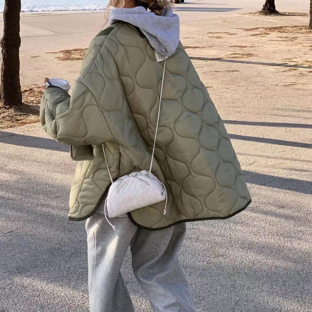 Long Sleeve Button Down Flap Pocket Quilted Jacket - Sage Green - Image 2