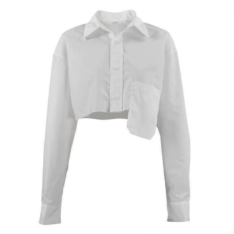 Long Sleeve Button Down Pointed Collar Cropped Shirt - White - Image 4