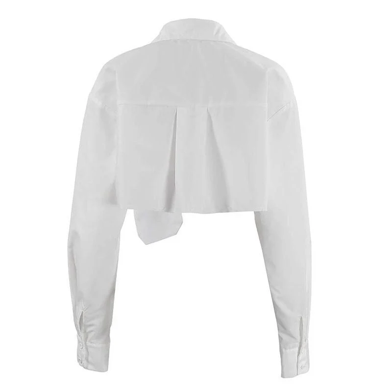 Long Sleeve Button Down Pointed Collar Cropped Shirt - White - Image 5