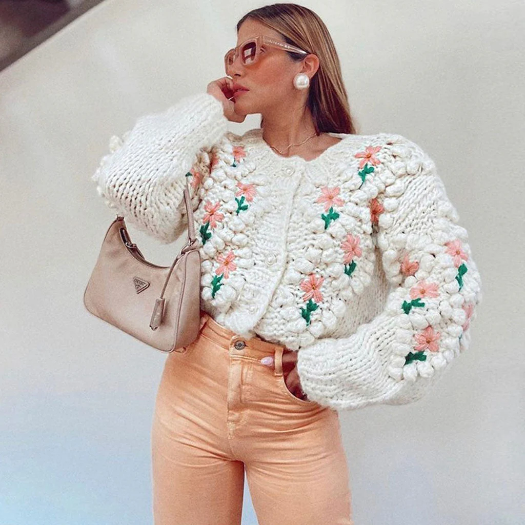 Long Sleeve Button Up Crochet Floral Cardigan - Apricot - Image 2