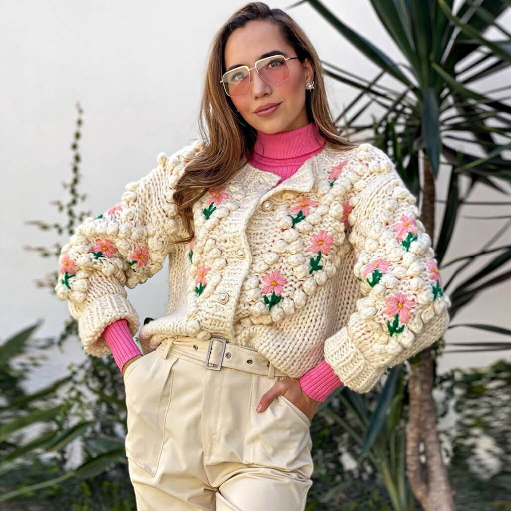Long Sleeve Button Up Crochet Floral Cardigan - Apricot - Image 3