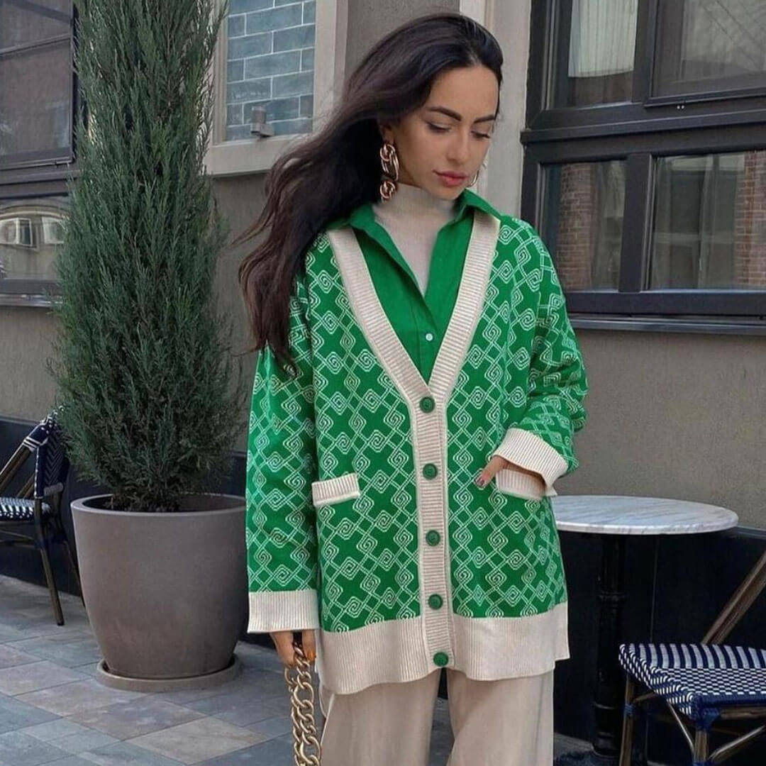 Print V Neck Button Up Long Sleeve Ribbed Cardigan - Green - Image 3