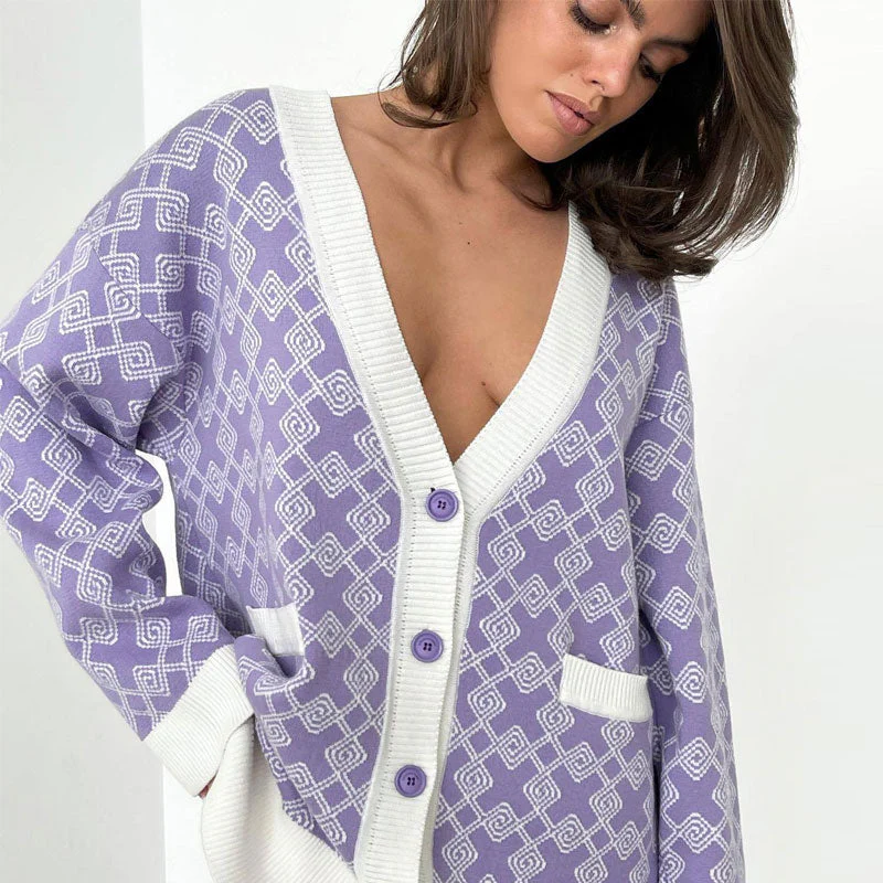 Print V Neck Button Up Long Sleeve Ribbed Cardigan - Purple - Image 2