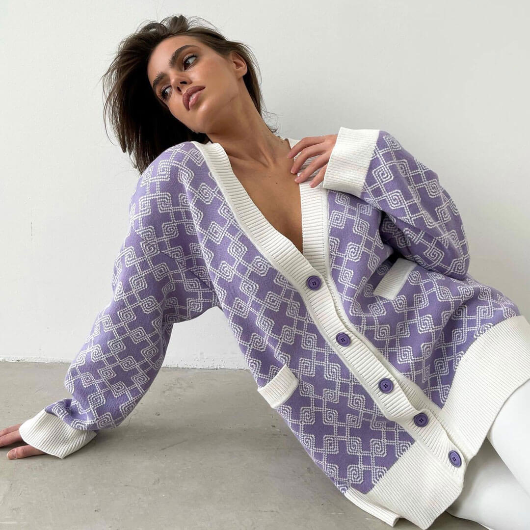 Print V Neck Button Up Long Sleeve Ribbed Cardigan - Purple - Image 3