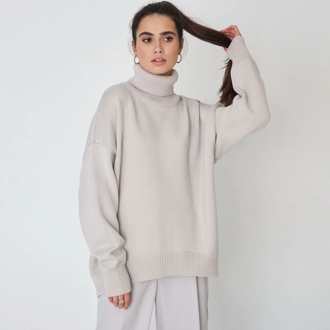 High Low Turtleneck Long Sleeve Sweater - Gray - Image 2
