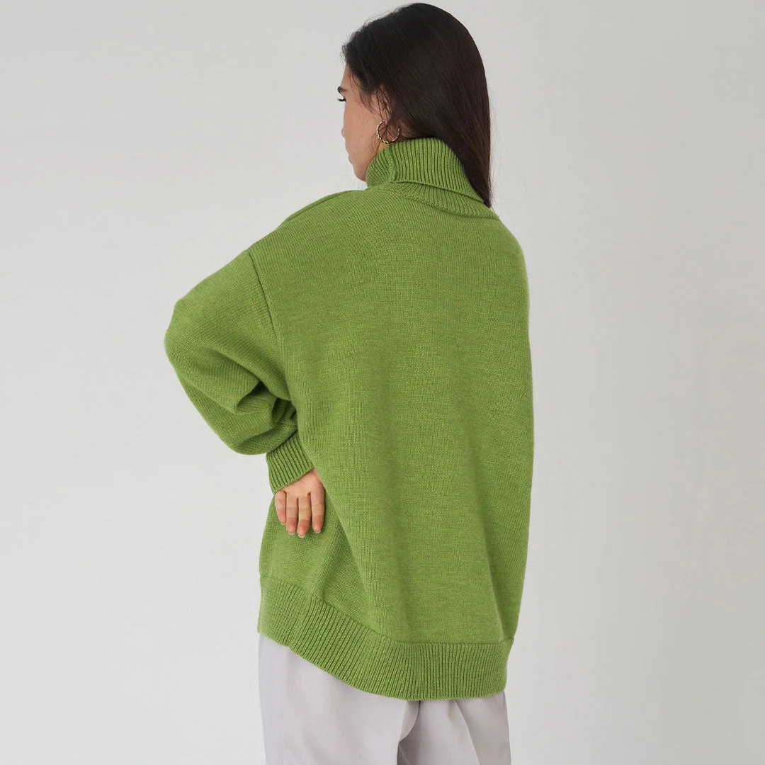 High Low Turtleneck Long Sleeve Sweater - Olive - Image 2