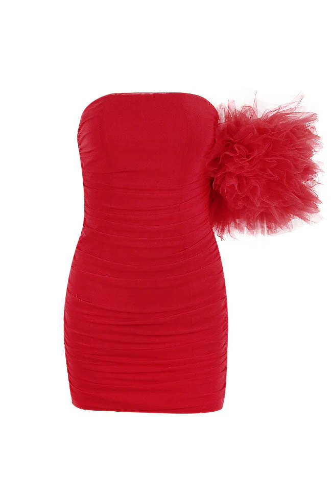 Oversized Ruffle Sleeve Strapless Ruched Mesh Bodycon Mini Dress - Red - Image 5