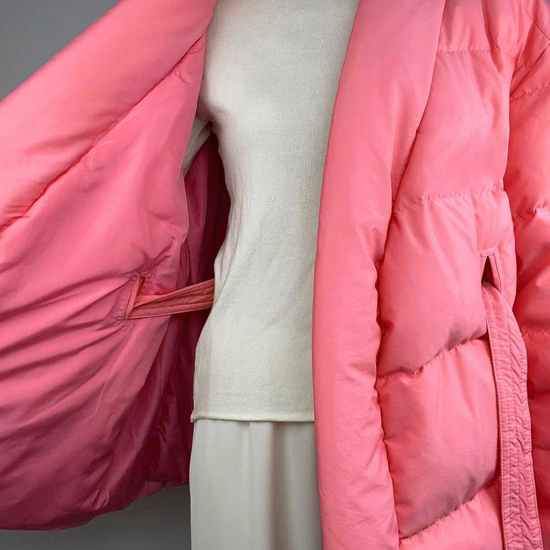 Shawl Collar Long Sleeve Belted Puffer Jacket - Coral Pink - Image 3