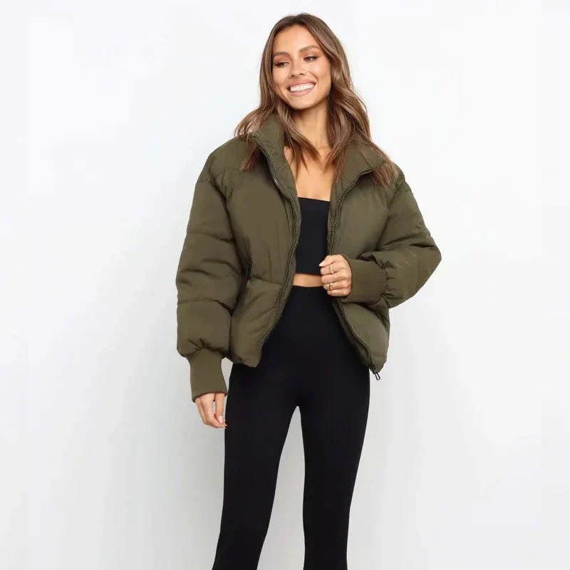 Stand Collar Side Pocket Zip Front Long Sleeve Puffer Jacket - Army Green - Image 2