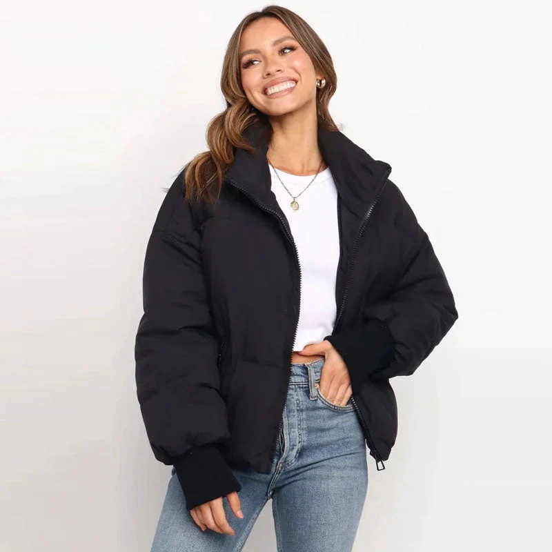 Stand Collar Side Pocket Zip Front Long Sleeve Puffer Jacket - Black - Image 2