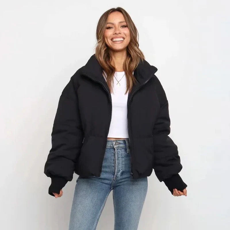 Stand Collar Side Pocket Zip Front Long Sleeve Puffer Jacket - Black - Image 3
