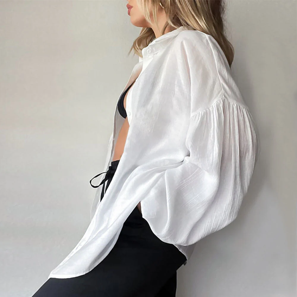 Textured Drop Shoulder Bishop Sleeve Button Up Collared Shirt - White - Image 2