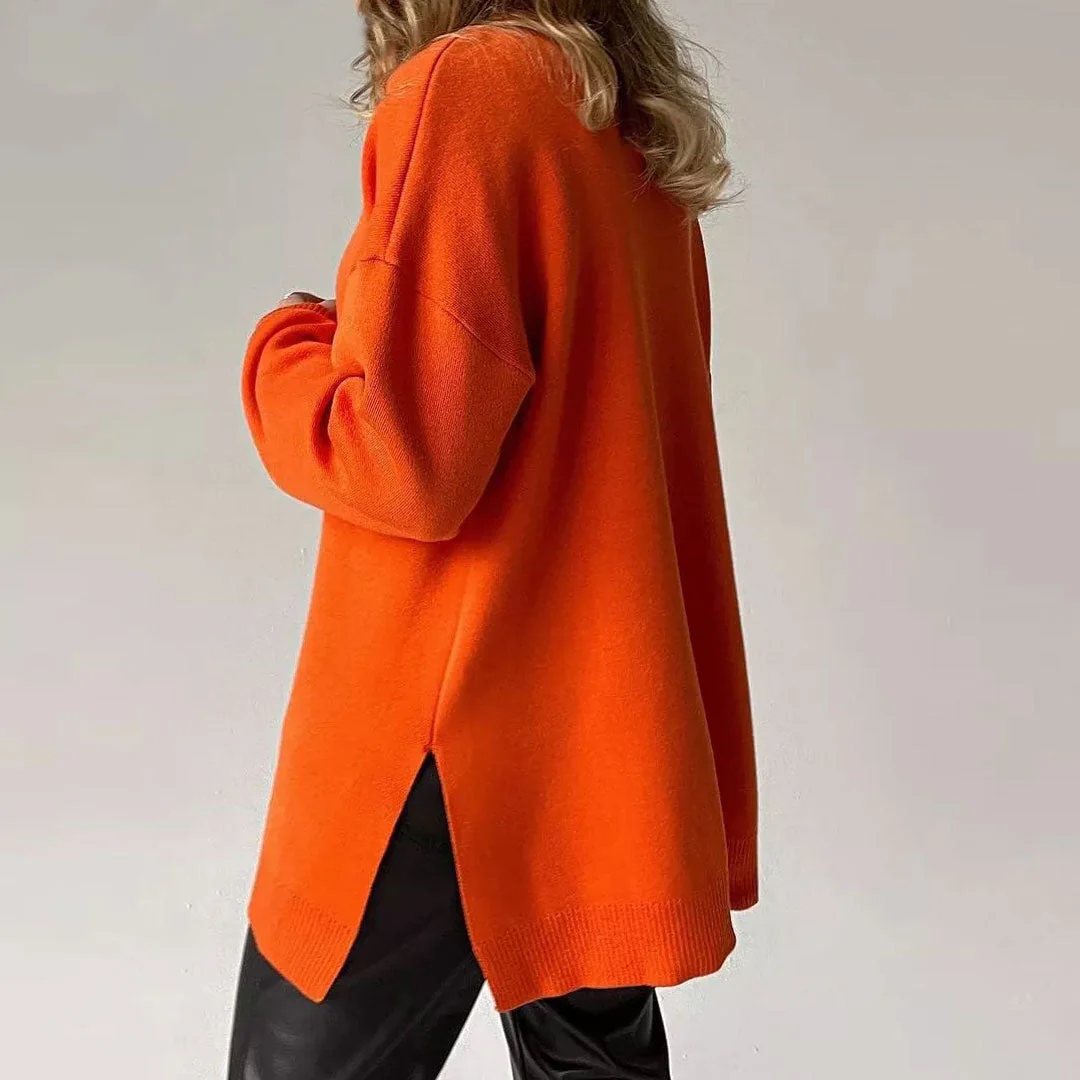 Long Sleeve Slit Trim Pullover Sweater - Burnt Orange - Image 2