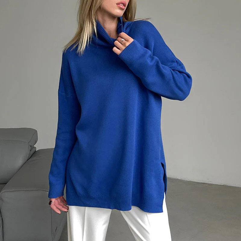 Long Sleeve Slit Trim Pullover Sweater - Royal Blue - Image 2