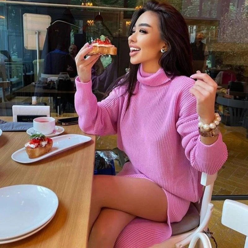 Sweater High Split Midi Skirt Matching Set - Pink - Image 3