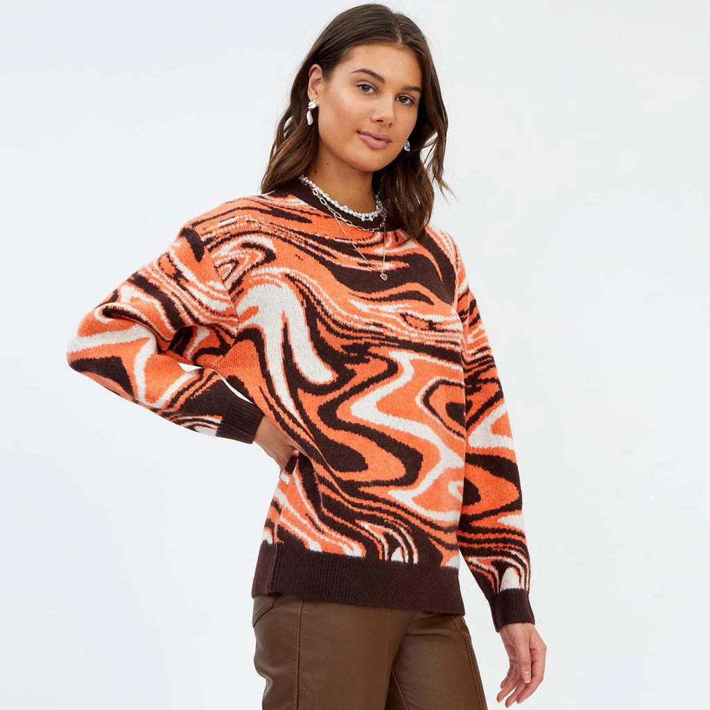 Print Ribbed Long Sleeve Pullover Sweater - Burnt Orange - Image 2