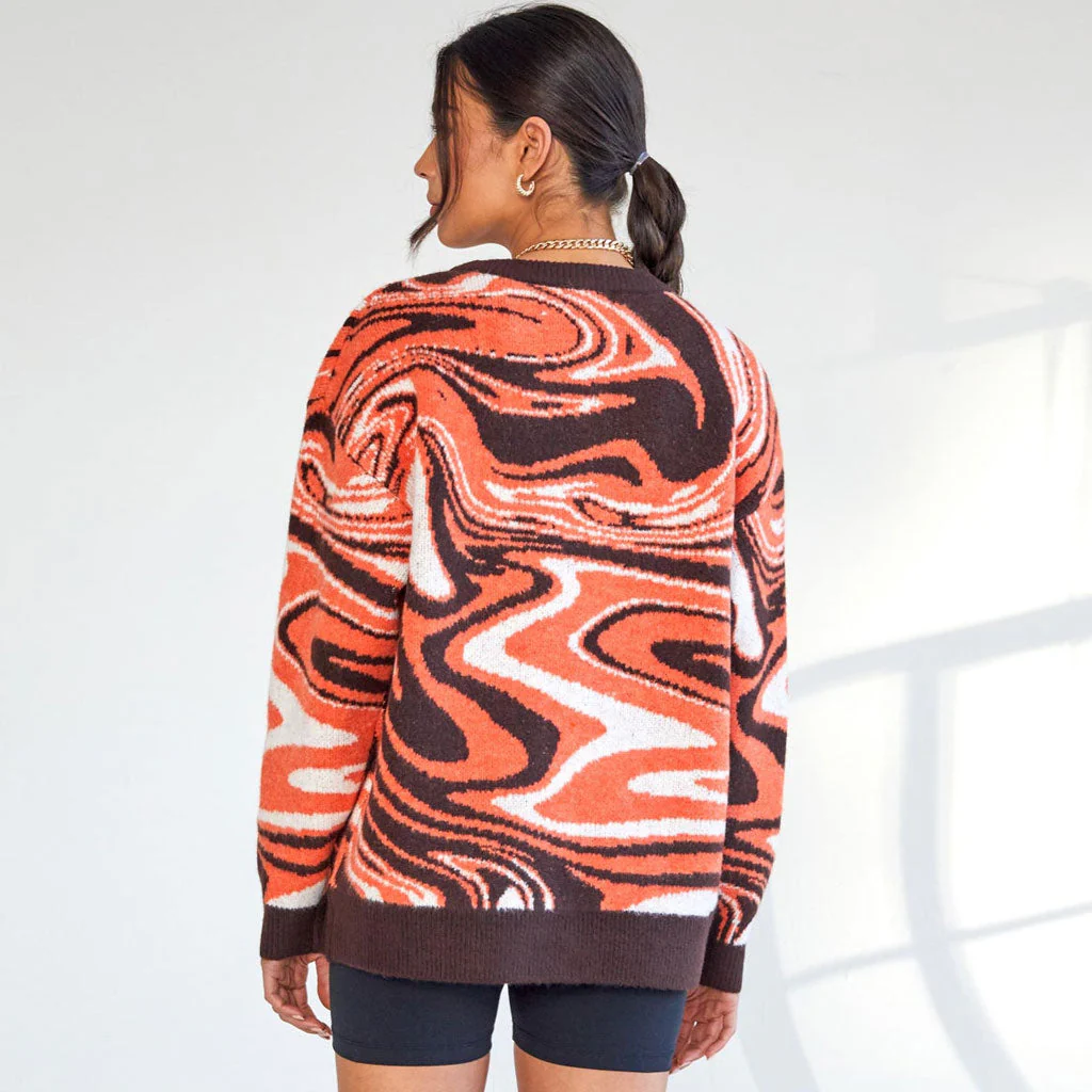 Print Ribbed Long Sleeve Pullover Sweater - Burnt Orange - Image 3