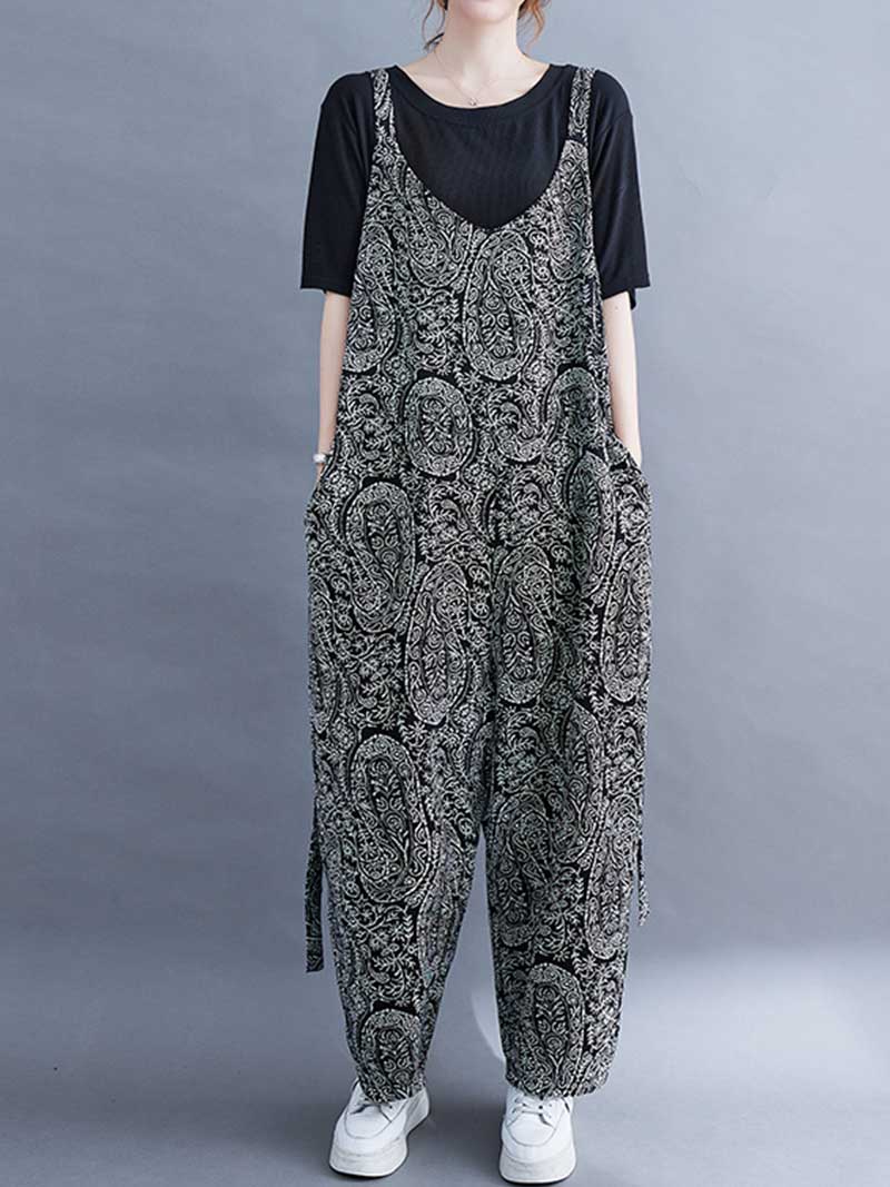Paisley Print Cotton High Waist Overall Jumpsuit