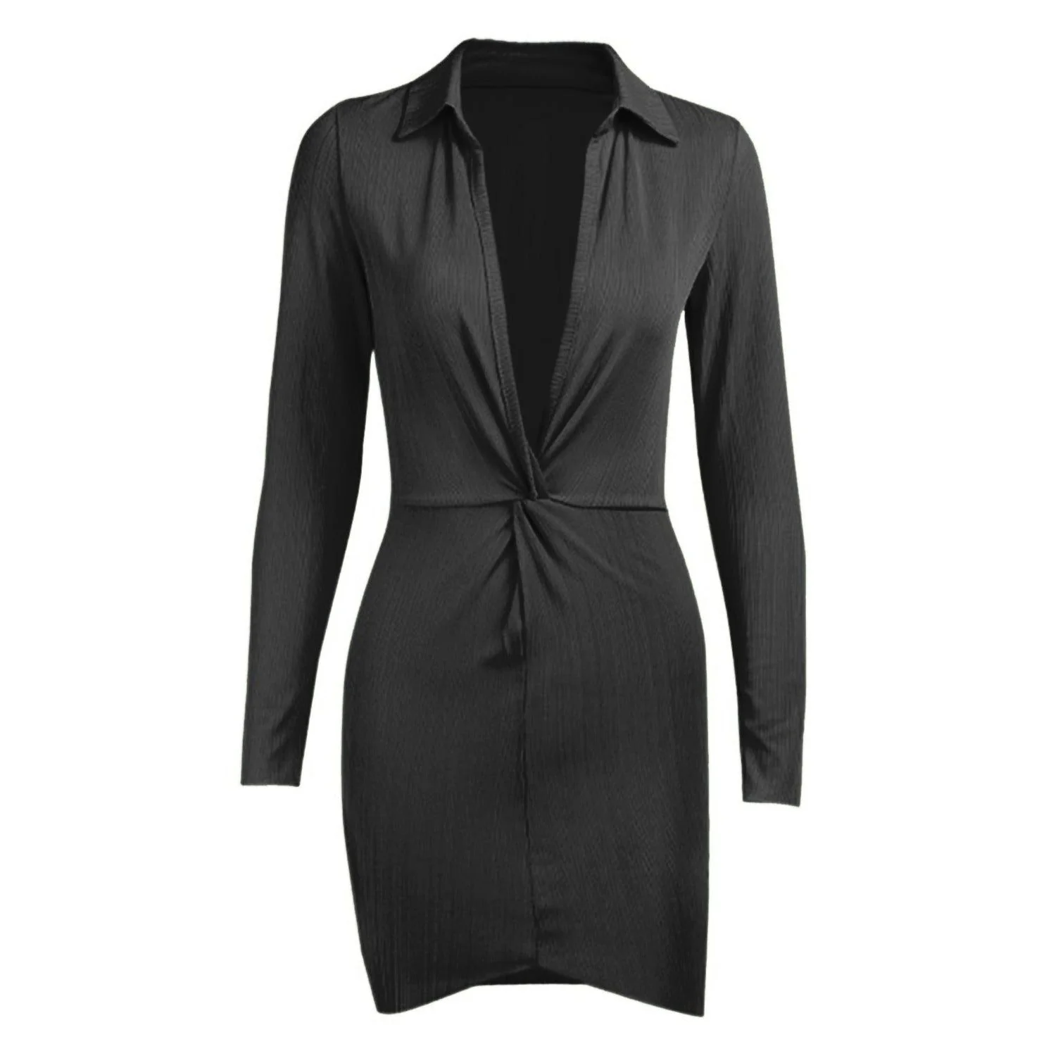 Palm Ribbed Deep V Twist Long Sleeves Mini Dress - Image 9