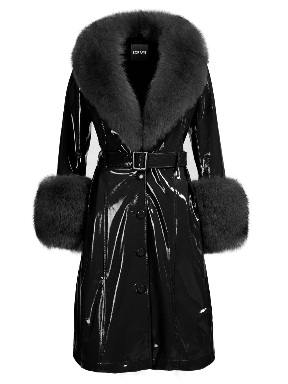 Patent Leather Coat w/ Fox Fur In Black - Image 11