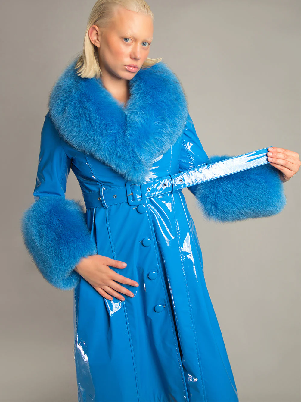 Patent Leather Coat w/ Fox Fur In Blue - Image 10