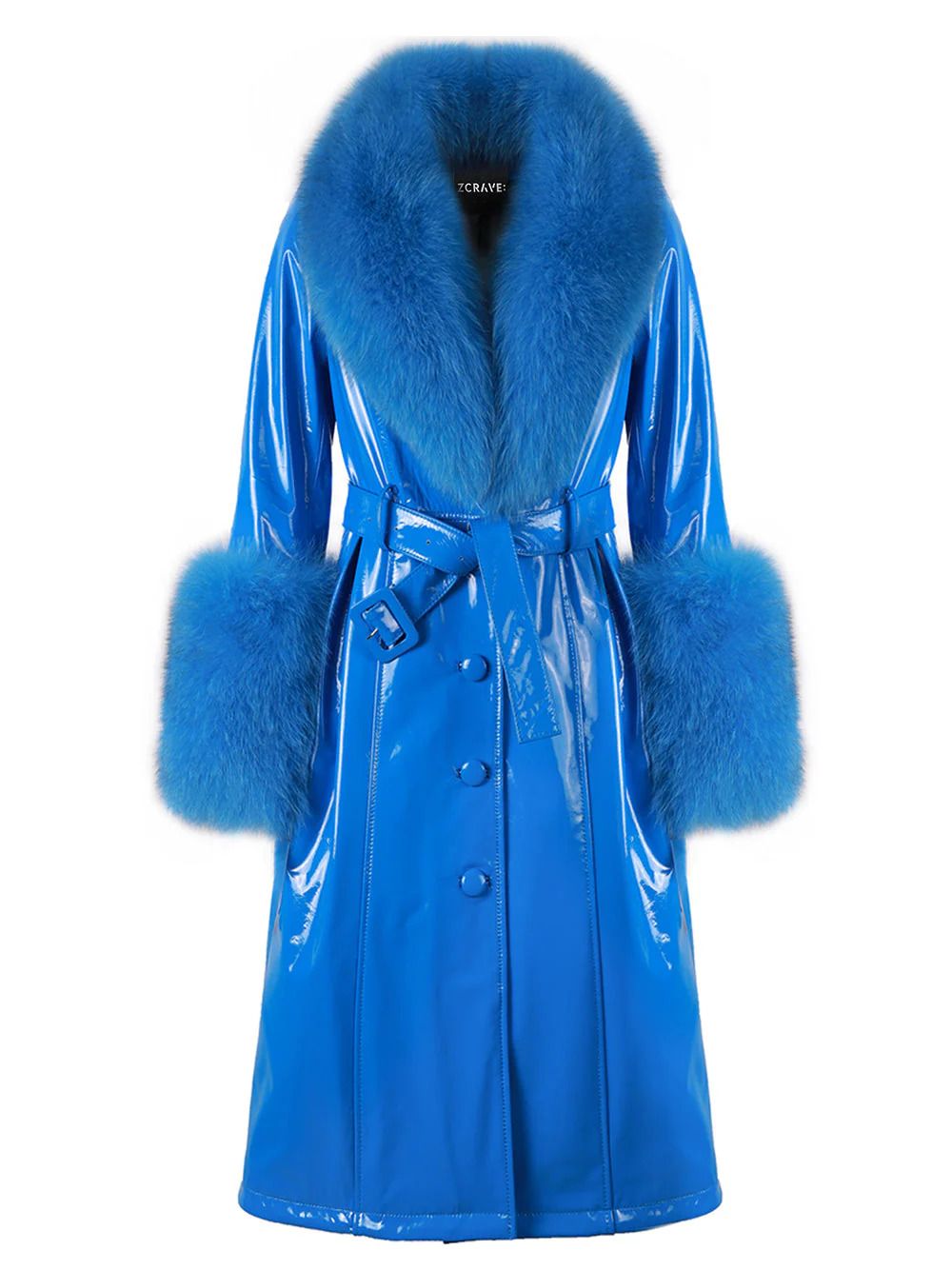 Patent Leather Coat w/ Fox Fur In Blue - Image 11