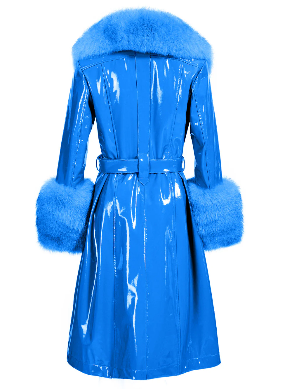 Patent Leather Coat w/ Fox Fur In Blue - Image 12