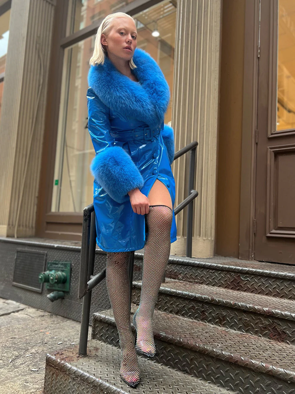 Patent Leather Coat w/ Fox Fur In Blue - Image 14